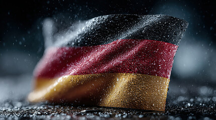 Wet flag with black, red, and gold horizontal stripes, lying on a surface.