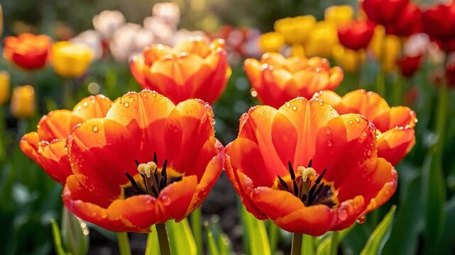 Vibrant orange and red tulips, glistening with water droplets, in a sunny garden