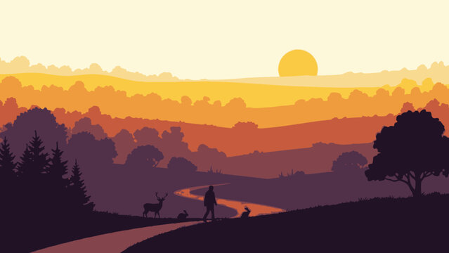 Serene landscape with person walking dog at sunset in countryside.