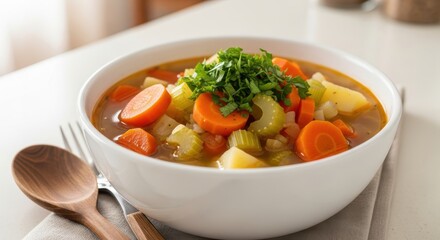 Hearty bowl of vegetable soup garnished with fresh green herbs sits on a light surface beside wooden cutlery.