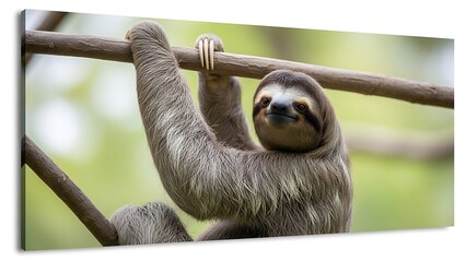Fototapeta premium Relaxing sloth hanging from tree branch in tropical forest close-up wildlife photography natural environment calm view