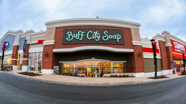 New Hartford, NY - Jan 12, 2026: Fisheye view of Buff City Soap, it is a company that specializes in handmade, plant-based soaps and other bath, body, and laundry products