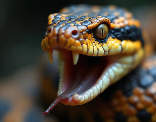 Fototapeta premium Close-up aggressive viper snake shows sharp fangs and forked tongue. Yellow eyes glare intensely, scales detailed on orange and black skin. Reptile shows nature wildness and dangerous power.