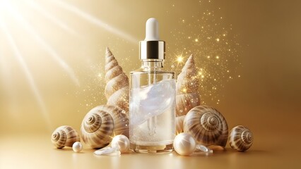 K-beauty snail mucin serum iridescent texture pearl shells luminous glow golden light cream gradient Korean skincare no text"
