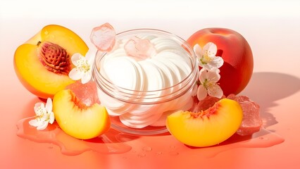 K-beauty peach toner pads clear container peach slices blossoms coral cream gradient Korean exfoliation no text no logo