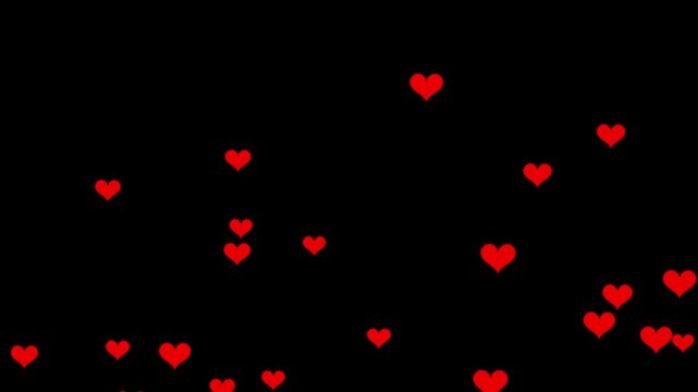 Valentines day hearts icon falling animation on black screen background. Social media love emoji particles moving. Romantic red heart flying 4k video.