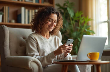 Smiling woman sits in armchair with laptop and smartphone. She drinks coffee while working remotely from home library. Pleasant atmosphere for study and communication.