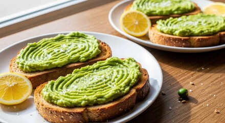 Plates of mashed avocado spread toast garnished with lemon slices sit atop a wooden surface