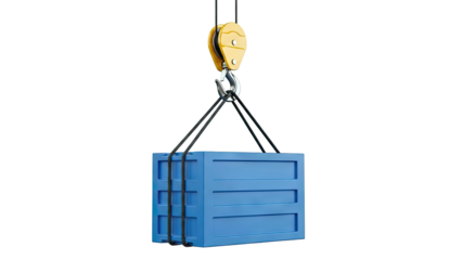 Crane lifting a blue container with cables