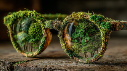 Glasses with moss and plants, blending nature with everyday objects.