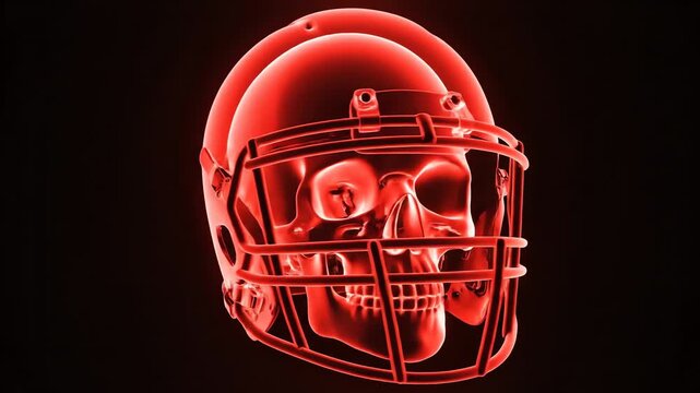 A digitally rendered skull wearing an american football helmet is dramatically illuminated in an intense red x-ray style, powerfully symbolizing the danger of concussion against a dark background.