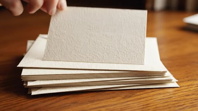 Stack of blank greeting cards and envelopes on a wooden table.