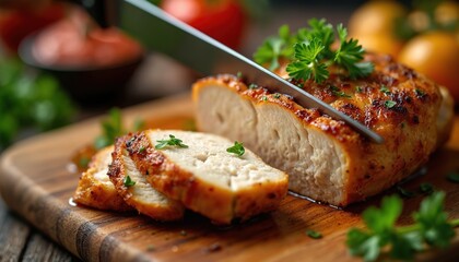 Juicy grilled chicken breast is sliced on a wooden board. Herbs and tomatoes form part of the appetizing meal. This protein rich food is prepared for dinner or lunch.
