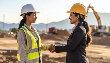 Two Women Shake Hands on Construction Site Outdoors in Bright Sunlight