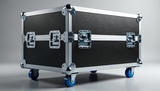 Heavy duty black equipment case with metal reinforcement and blue wheels. This sturdy container has strong latches and protective corners for secure gear transport. Ideal for travel and pro use.