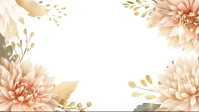 Soft peach flowers and leaves arranged elegantly on a clean white background with a subtle floral pattern