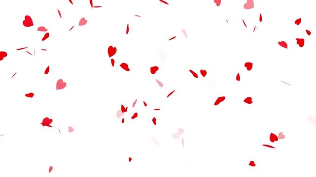 Valentines day hearts icon falling animation on white screen background. Social media love emoji particles moving. Romantic red heart flying 4k video.