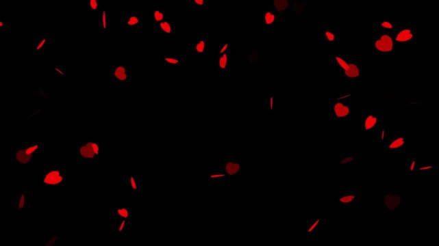 Valentines day hearts icon falling animation on black screen background. Social media love emoji particles moving. Romantic red heart flying 4k video.