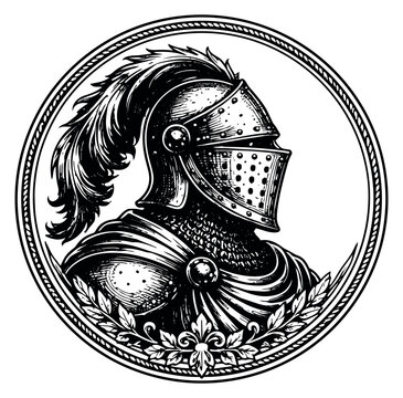 Hand drawn line art illustration of a knight's helmet depicting a medieval profile in an ornate circular frame for heraldic design