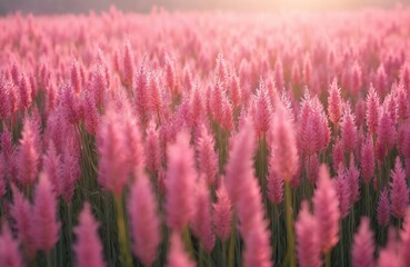 Fototapeta premium Vast field of vibrant pink muhly grass waves gently in soft sunlight. Feathery plumes create dreamy, soft texture, filling frame with color. This natural wonder offers serene, picturesque landscape.