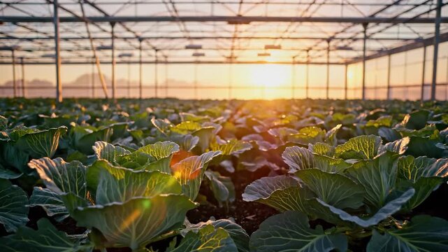 The scene shows a greenhouse filled with green cabbage plants. The cabbage plants thrive under the sunlight, creating a vibrant atmosphere in the greenhouse.