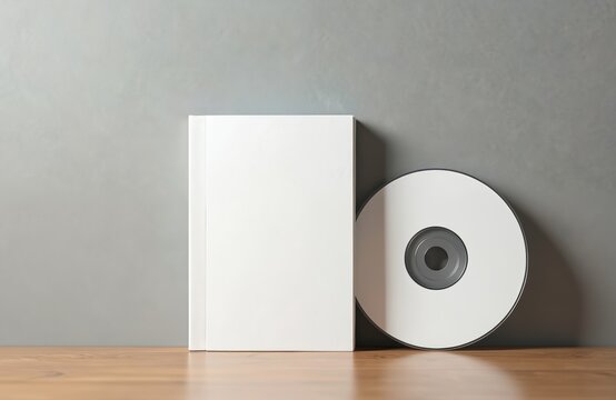 Blank CD case and disc sit on wooden table against grey wall background. Minimalist studio setup for product presentation or branding mockups. Ideal for media software or digital content.
