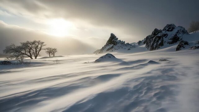 Snowy Mountain Landscape at Sunset with Bare Trees and Rocky Outcrops