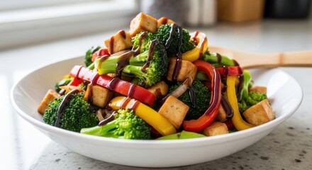 Cooked vegetable and protein squares served in a white bowl with dark sauce drizzle