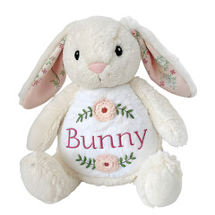 Adorable Plush White Bunny Toy with Pink Nose and Floral Ears and Embroidery on transparent background
