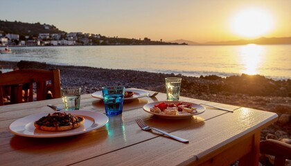 Sunset dinner by the tranquil sea, with delicious food and refreshing drinks on a wooden table, offering a serene and memorable vacation experience
