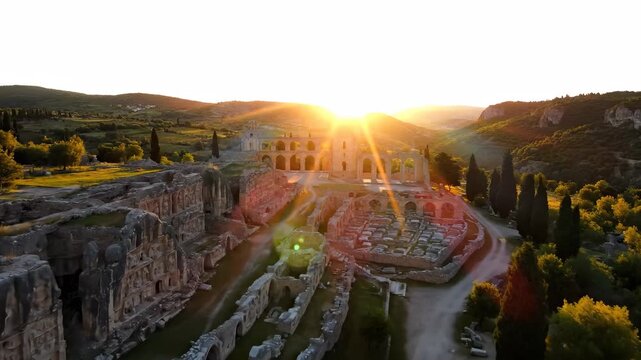 The sun sets over ancient ruins, highlighting the stone structures and the surrounding greenery. The ruins and the sunset create a serene landscape filled with history and nature.