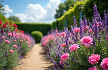 Obraz premium Pathway bordered by blooming lavender and pink roses on a sunny day. Green manicured hedges line the garden path. Blue sky with white clouds above.