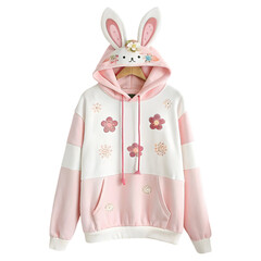 Pink and White Bunny Hoodie with Floral Embroidery and Bunny Ears Design on transparent background
