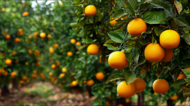 Vibrant orange fruits hanging from lush green trees in a sunlit orchard, showcasing the beauty of nature and the abundance of citrus harvest during the growing season