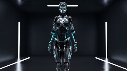 Futuristic Chrome Robot Woman with Glowing Blue Accents in Dark Room