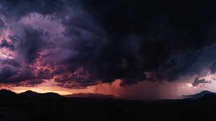 Dramatic storm clouds at sunset, with purple hues and falling rain over a silhouetted landscape