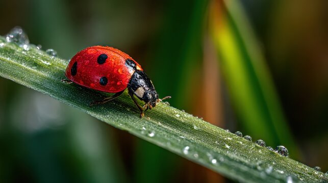 Detailed macro photograph of a bright red ladybug with black spots crawling on a dew-covered green leaf