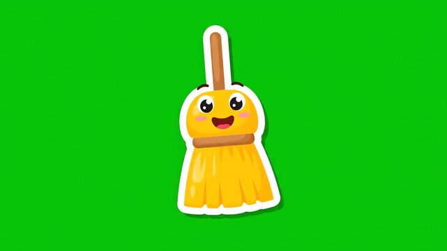 Fun animated cartoon broom with a happy face, isolated on a green screen for easy compositing in video projects related to cleaning or household chores.