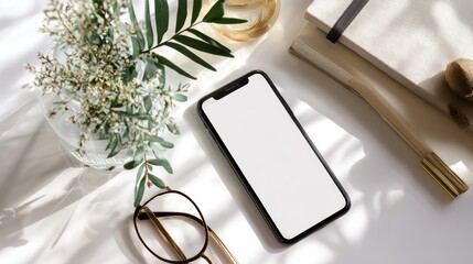 Blank screen smartphone with glasses and green plant on white table. Flatlay top view mockup