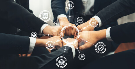 A powerful image showcasing teamwork and management in a professional environment, highlighting collaboration and unity among individuals with diverse business symbols. Amity