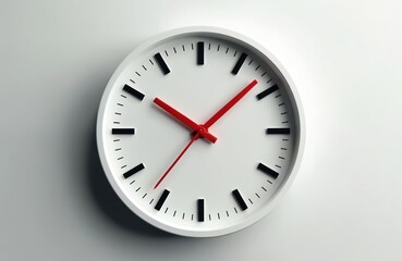 White analog clock with red hands on simple background. Time ticking. Minimalist design for planning deadlines or business schedules. Modern object for time management.