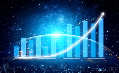 This vibrant data visualization image depicts a growth chart set against a cosmic background, perfect for business and finance themes. Impute