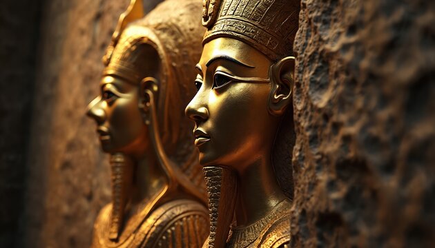 Golden pharaoh profile sculpted on ancient stone wall. Egyptian king with royal headdress and ornate details carved into rock face. Royalty and history depicted in intricate detail.