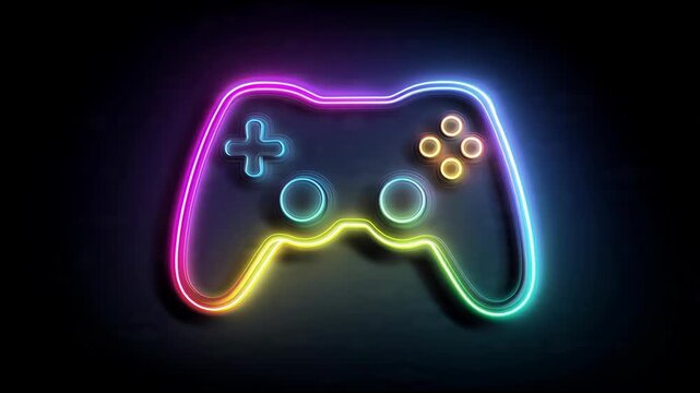 Vibrant neon video game controller glowing in dark room