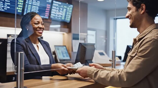 Bank Teller Serving Customer with Money Transaction