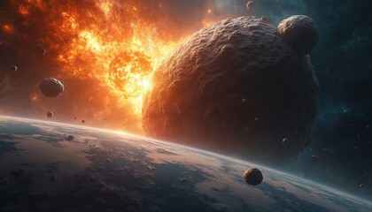 Massive asteroid impact event over Earth with fiery explosion and debris. Celestial bodies collide in deep space near planet surface. Cataclysmic cosmic destruction in universe.
