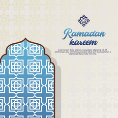 Ramadan Kareem window and lantern backgrounds. Modern Islamic greeting card template and wallpaper design. Poster and media banner vector illustration