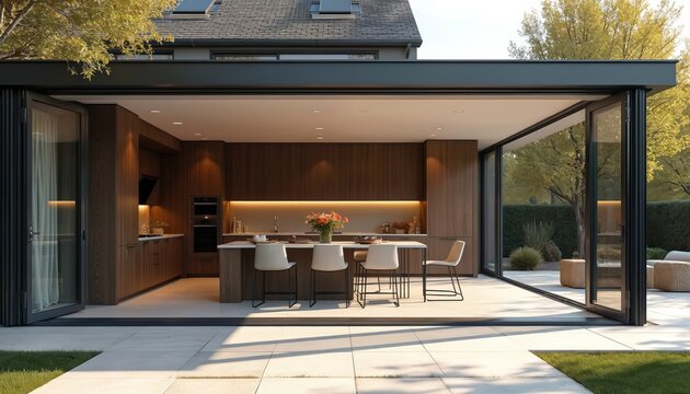 Luxury modern kitchen with island bar and dining table. Warm wood cabinets and sleek counters create inviting space. Open bi-fold doors reveal patio and garden, blending indoor outdoor living.