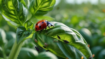 Ladybug on basil leaves