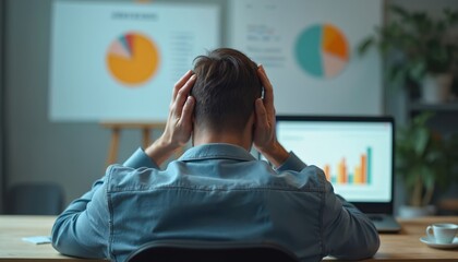 Man holds head in despair at desk with charts on computer screen, whiteboard. Person stressed over business failure loss. Overwhelmed office worker feels immense pressure, experiencing great